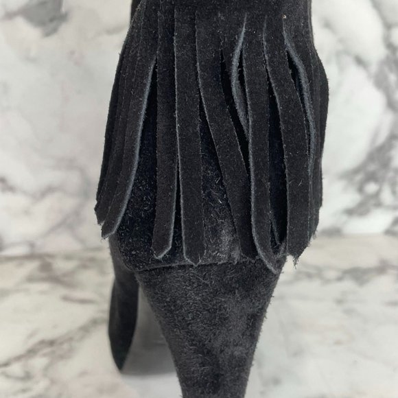 GIUSEPPE ZANOTI x BALMAIN Black Suede Fringe Lace-Up Ankle Heel Booties - Picture 9 of 10